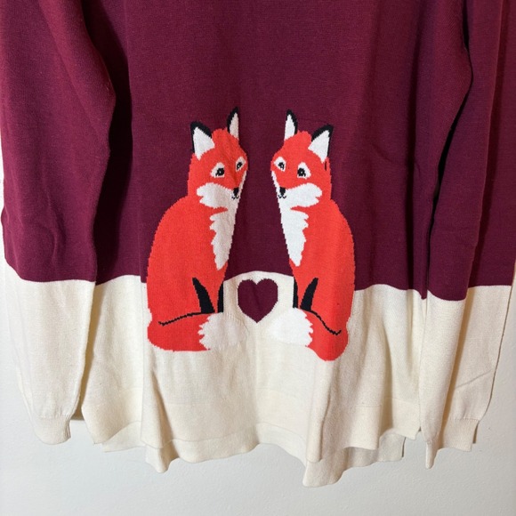 Le Tigre Womens Fox Heart Intarsia Knit Sweater Burgundy Cream Cotton Large - Picture 3 of 7
